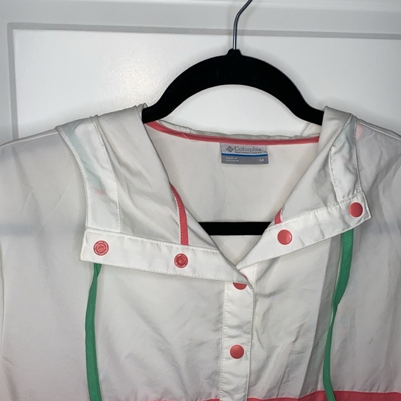 Columbia PFG Women's M White Green Pink Striped Pullover Hooded Windbreaker - Picture 3 of 16